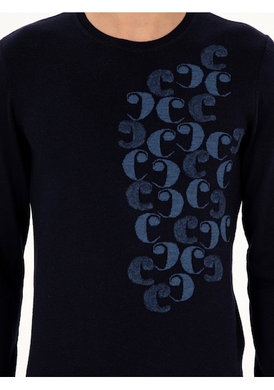 Cacharel Lacivert Slim Fit Bisiklet Yaka Yün Triko Kazak