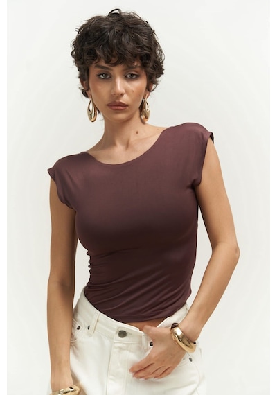 Mai Collection 2737 - Nives Sırt Dekolteli Kahve Crop