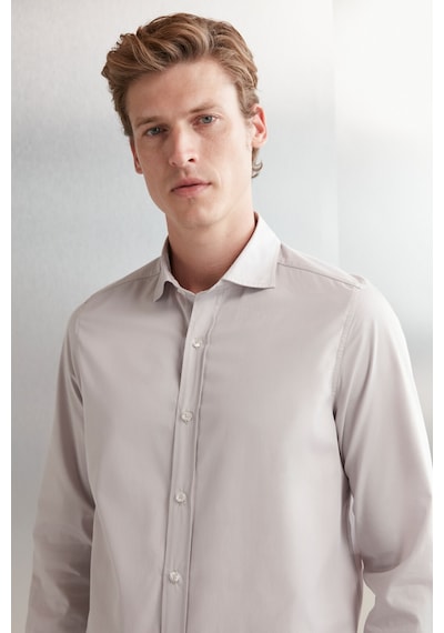 Grımelange Carlsten Erkek Slim Fit Italyan Yaka %100 Pamuk Poplin Açık Gri Gömlek