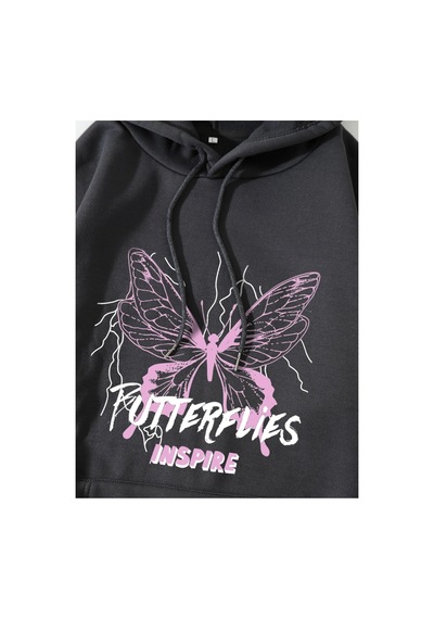 Tarzsokak Slogan And Butterfly Print Drawstring Kangaroo Pocket Hoodie Gri