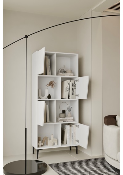 Roma Kitaplık 175 Cm - Vitrin - Gümüşlük 100% Mdf Metal Ayak Beyaz