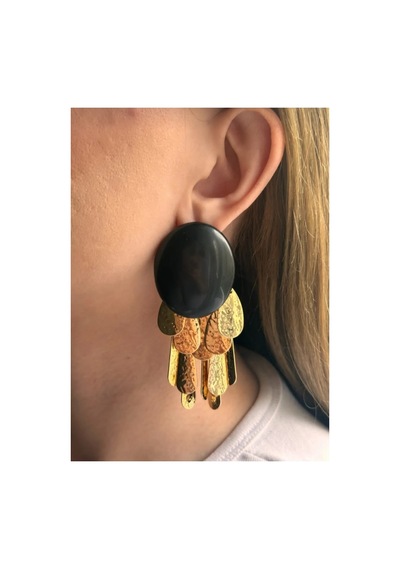 Lunarie Vintage Siyah Oval Taşlı Yaprak Sallantılı Küpe Altın