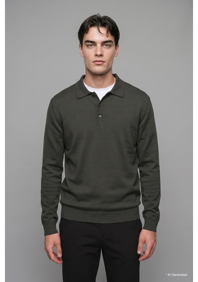 Defacto Standart Fit Düğmeli Polo Yaka Triko Basic Kazak H8972ax26augn498 Yeşil-gn498