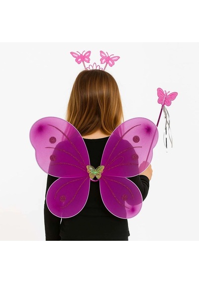 Fuşya Kelebek Kız Seti - 50 Cm Kelebek Kanadı, Taç Ve Asa +3