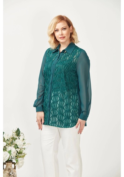 Moda Berray 3211 Simli Jakarlı Şifon Büyük Beden Şık Gömlek Yeşil Yeşil
