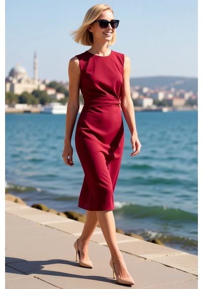 Benerly Kadın Kolsuz Bisiklet Yaka Vücudu Saran Midi Dokuma Elbise Aksesu Bordo