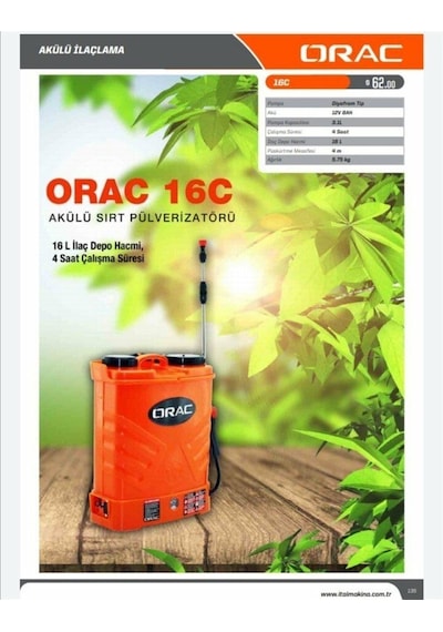 Orac 16C Akülü Şarjlı İlaçlama Pompası 16 L