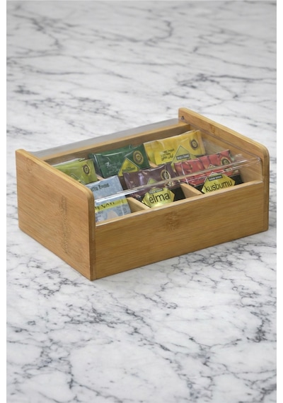 Makri Home Bambu Çay Kutusu Şeffaf Kapaklı Poşet Çay Saklama Organizatörü Bölmeli Tea Box Bambu