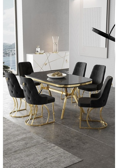 Canisa Epal Serisi 90x168 Lak Panel Siyah Mermer Desen Masa Takımı Gold Ayaklı 6 Siyah Sandalye Masa Siyah Mermer Desen Sandalye Siyah Canisa Epal Serisi 90x168 Lak Panel Siyah Mermer Desen Masa Takımı Gold Ayaklı 6 Siyah Sandalye Masa Siyah Mermer Desen Sandalye Siyah