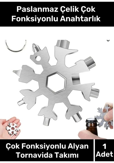 Paslanmaz Çelik Çok Fonksiyonlu Alyan Tornavida Takımı Kar Tanesi Anahtarlık Konserve Açıcı