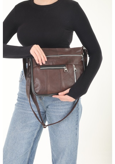 Erzeno Hakiki Deri Kadın Siyah Omuz Çantası Çok Bölmeli Fermuarlı Gerçek Deri Postacı Çantası Taba - 873186306 Taba