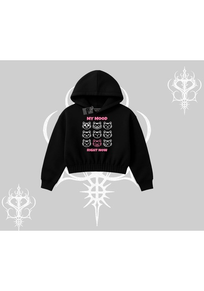 Startmore My Mood Right Now Yazılı Sevimli Kedi Kapşonlu Crop Sweatshirt Siyah