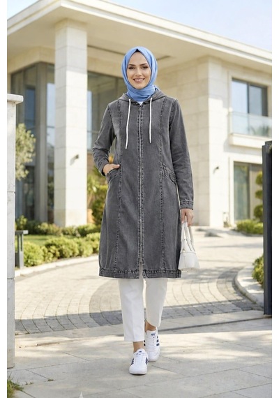 Hb Harma Time Butik Kadın Kapüşonlu Cepli Fermuarlı Gri Kot Kap