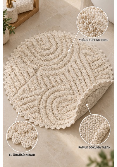 Alanur Bodrum Tufting Cotton Pamuklu El Işi Örgülü 90 X 90 Cm Paspas 113 Ekru