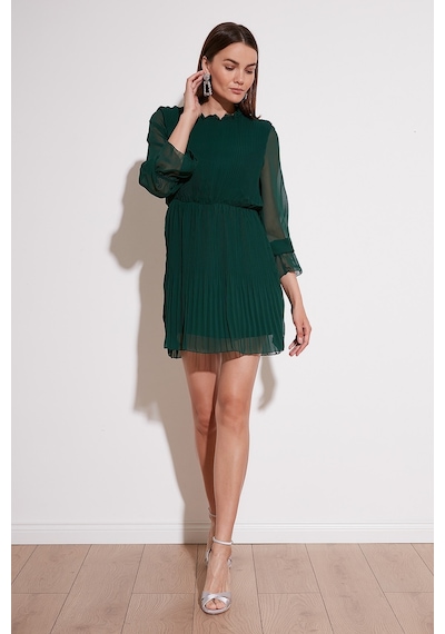 Lela Kol Detaylı Pileli Şifon Mini Bayan Elbise 611Shn03 Zümrüt