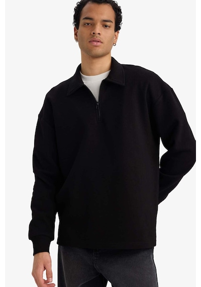 Defacto Boxy Fit Polo Yaka Yarım Fermuarlı Pike Sweatshirt G6471ax25wnbk81 Siyah-bk81