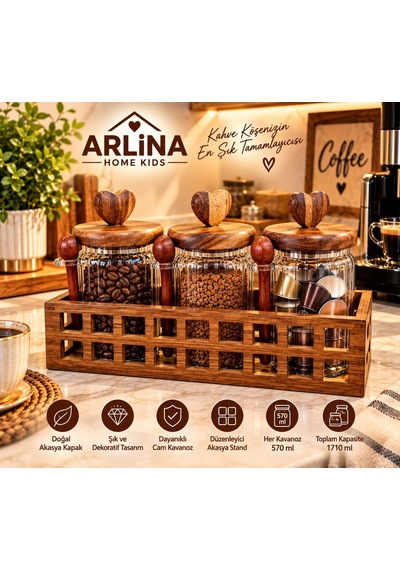 3 Lü 570 Ml Cam Kavanoz & Ahşap Stand Seti Şeffat Cam - Akasya Ahşap Kapak