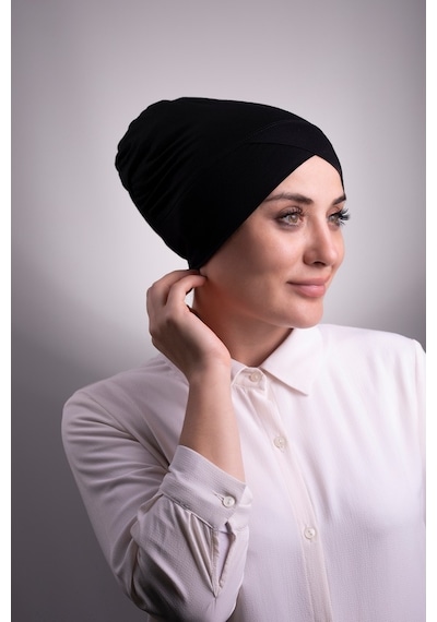 Halven Siyah Pratik Hazır Geçmeli Iç Bone Viskon Kumaş Çapraz Tek Bantlı Siyah