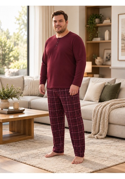 Seboteks İnterlok Kumaş Yakası Düğmeli Uzun Kollu Büyük Beden Erkek Pijama Takımı 8589 Bordo