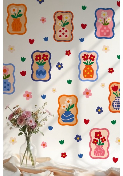 Renkli Çiçekli Vazo Duvar Sticker Seti 68 Parça, 9 Model, Çocuk Odası & Salon Dekorasyonu Dijital Baskı