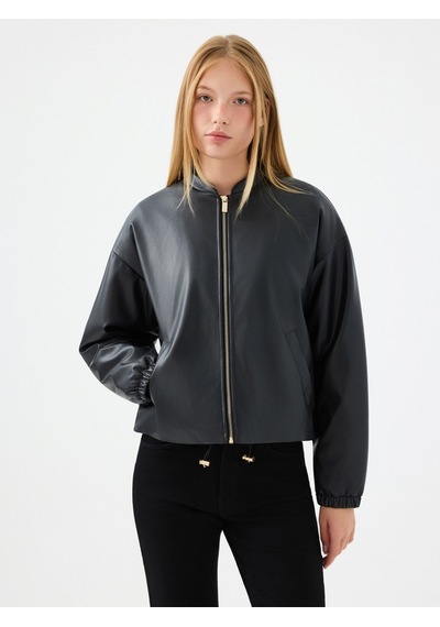 Oversize Fit Kadın Mont Pu Siyah