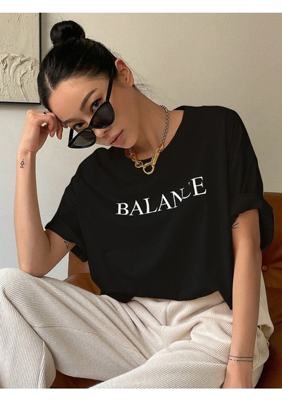Kadın Siyah Oversize Balance Baskılı Örme T-shirt Siyah