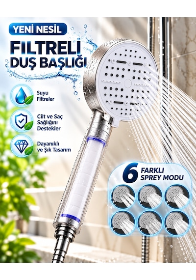 6 Modlu Filtreli Duş Başlığı Büyük Panel Su Tasarruflu Çok Fonksiyonlu Beyaz Duş Başlığı - Lisinya Çok Renkli