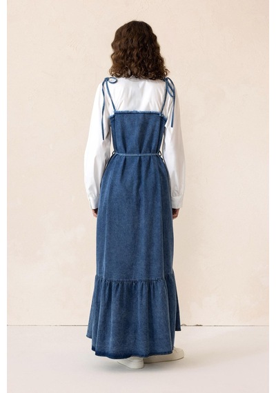 Olcay Gömlek Espirili Eteği Volanlı Denim Elbise Mavi 9305-e