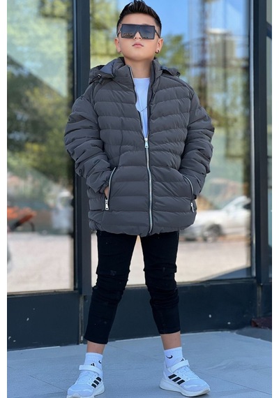 Pina Kids Erkek Çocuk Çıkarılabilir Kapüşonlu Sık Dikişli Nova Kumaş Kışlık Şişme Mont Km4016 Füme