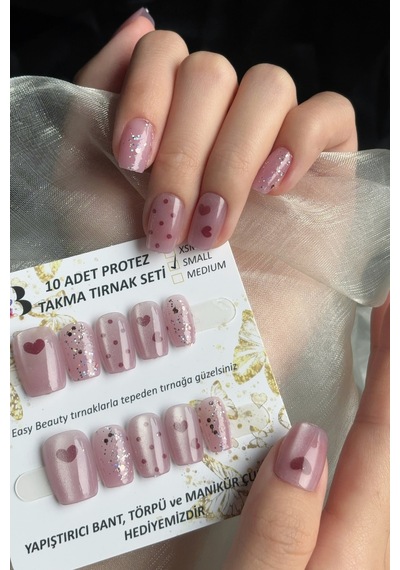 Kedi Gözü Small Beden Kısa Küt 10 Adet Takma Tırnak Seti T058 Pembe-kırmızı Kalp