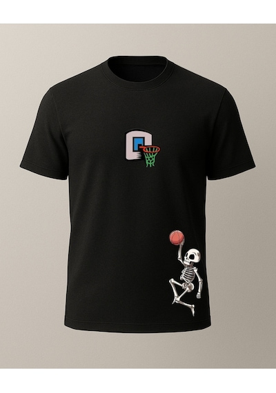 Basketbol Oynayan Kuru Kafa Baskılı T-shirt Siyah