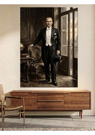 Smokinli Atatürk Pencere Kenarı Portre Dekoratif Kanvas - Mdf Ahşap Tablo Çok Renkli