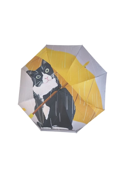 Eleven Markets Kedi Desenli Şemsiye Rüzgara Dayanıklı Çanta Boy Bayan Şemsiyesi Sarı-gri