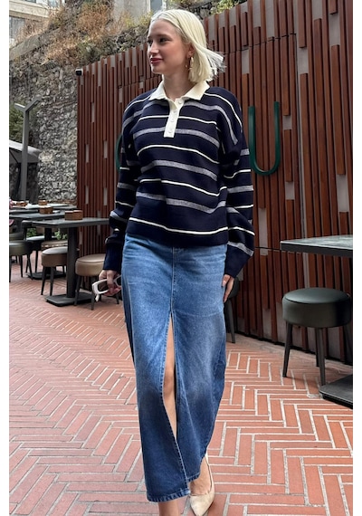 Madmext Lacivert Çizgili Polo Yaka Kadın Kazak Mg2476 Lacivert