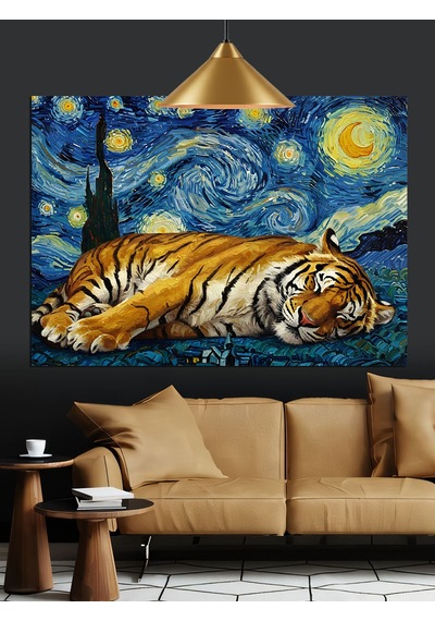 Van Gogh Tarzı Yıldızlı Kaplan Dekoratif Kanvas - Mdf Ahşap Tablo