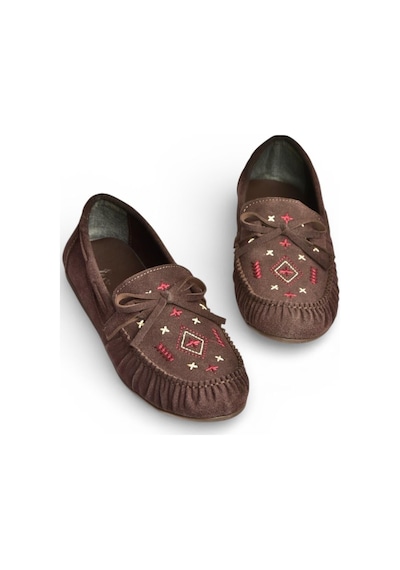 Fox Shoes Y996073102 Kahverengi Süet Renkli Motif İşlemeli Kadın Babet Kahverengi