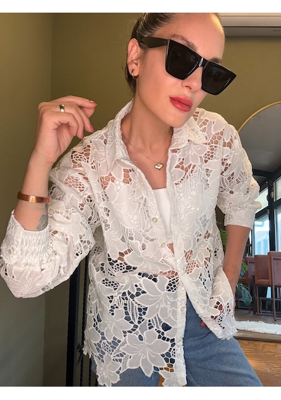 Ali Butik Beyaz Güpürlü Transparan Gömlek