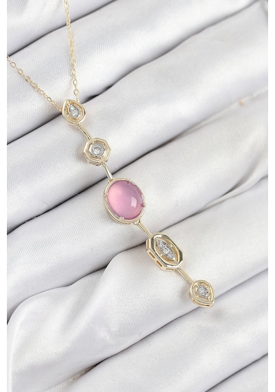 Zarif Kadın İçin Golden Pirinç Zirkonlu Zincir Pembe Y Kolye Standart 07252406