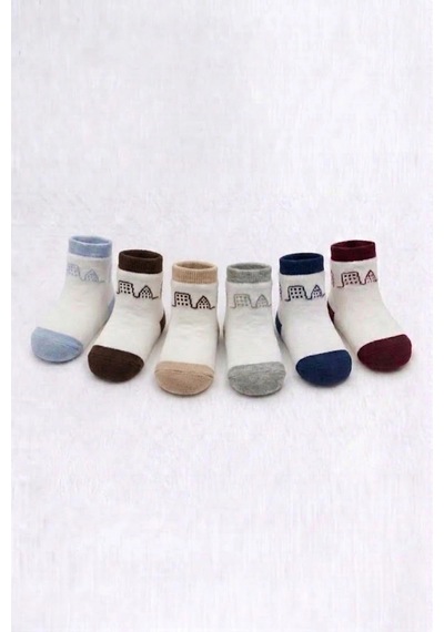 Cocole Socks Erkek Bebek Soket Çorabı Kraft Kutulu 6'lı Set Pamuklu 0-1 Yaş Mimari Desenli Çok Renkli