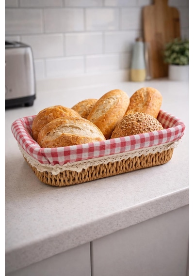 Rattan Hasır Ekmeklik Kare Pötikare Kumaşlı Masa Üstü Ekmek Sepeti Mutfak Organizer Çok Renkli