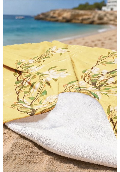 Çiçekli Sarı Floral Plaj Havlusu - Bohem Bahar Dallı Modern Tasarım Hızlı Kuruyan Mikrofiber Havlu Pastel Tozu