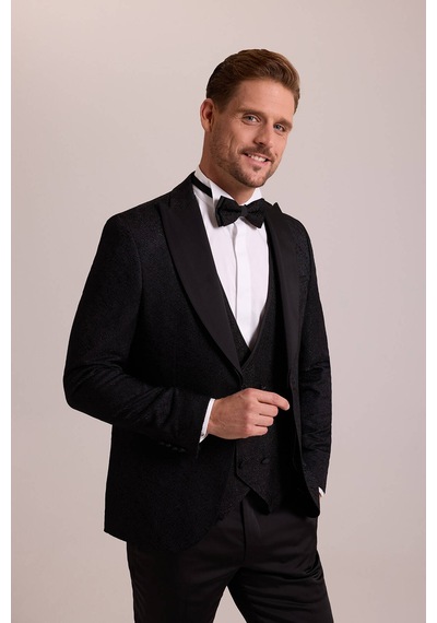 Ysf Erkek Siyah Damatlık Slim Fit Kırlangıç Yaka Desenli