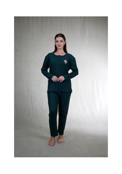 Estiva Kadın Nakış İşlemeli Patlı İnterlok Şardonlu Pijama Takımı Haki
