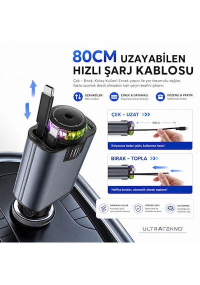 Ultratekno C7 Araç Şarj Cihazı 5in1 45w Hızlı Şarj Oto Parfüm Difüzör Type-c & Lightning Makaralı Kablo Rgb Yıldız Işığı Araç İçi Nemlendirici Gri