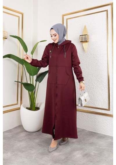 Harman Butik Kadın Cepli Kapüşonlu Zincir Detaylı Scuba Kumaş Kap Bordo Bordo