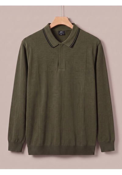 Maccali Erkek Haki Büyük Beden Gizli Fermuarlı Polo Yaka Triko Sweatshirt