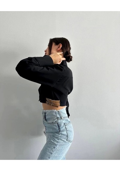 Defymoda Yanı Kemer Detaylı Crop Gömlek Siyah S4009 Siyah