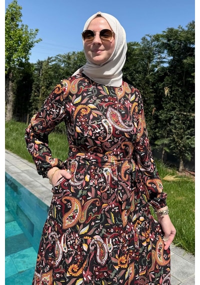 Rabia Şamlı Şal Desenli Elbise Siyah Normal
