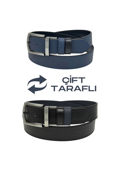 Süzer Deri 4 Cm. Çift Taraflı Spor Model Suni Deri Unisex Kot Kemer Lacivert/siyah Lacivert