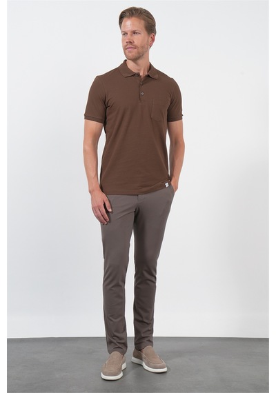 Kahverengi Polo Yaka Kısa Kol Cepli Comfort Fit Pamuklu Tişört 1011260155 Koyu Kahverengi